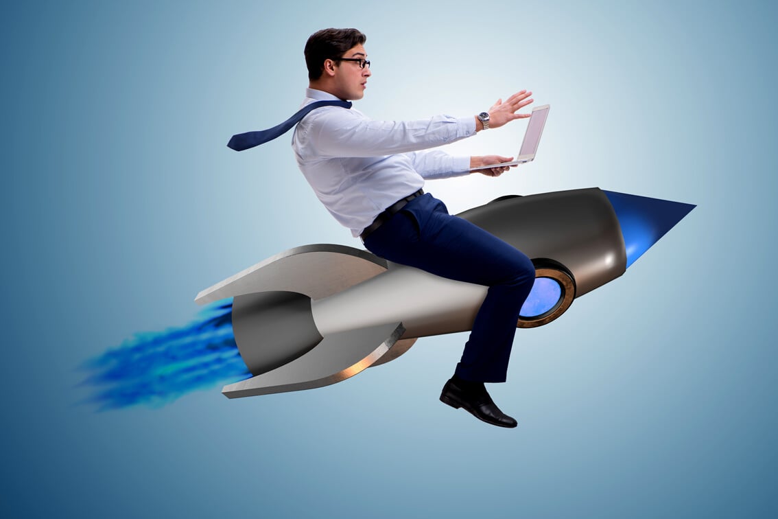 Businessman Flying on Rocket 